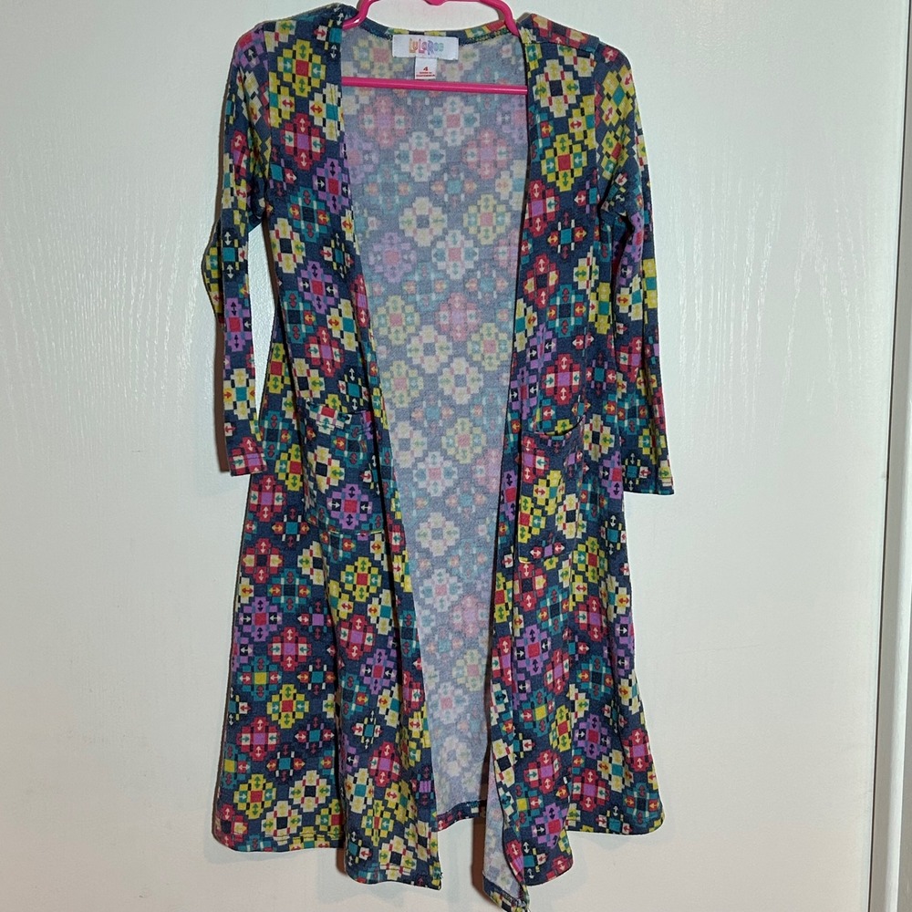Lularoe Girls‎ Cardigan Sweater Size 4 Colorful Geometric Patterned Knit